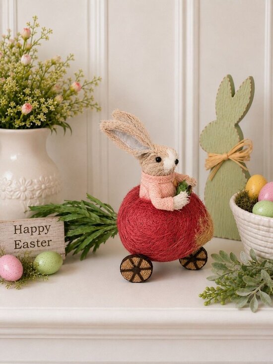 Handmade Other - Vintage Handmade Sisal Bunny Riding Radish Cart Easter Spring Decor Glass Eyes